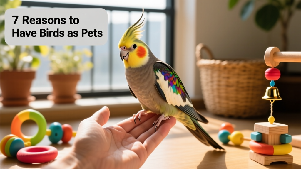A cheerful, well-cared-for cockatiel perched on a hand with colorful toys nearby