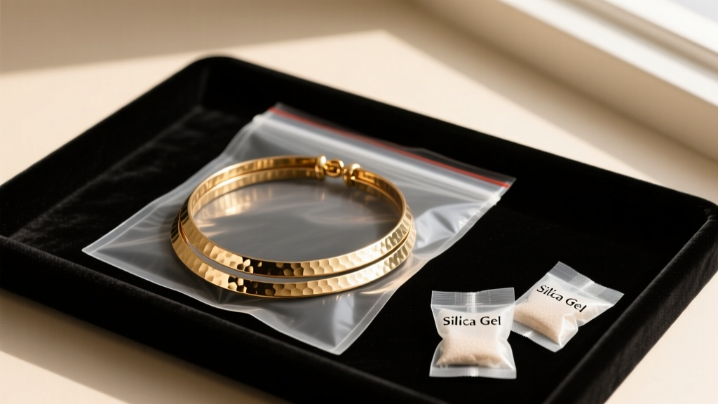 Velvet tray showing a hammered brass lariat necklace coiled inside an anti-tarnish polybag beside small silica gel packets.