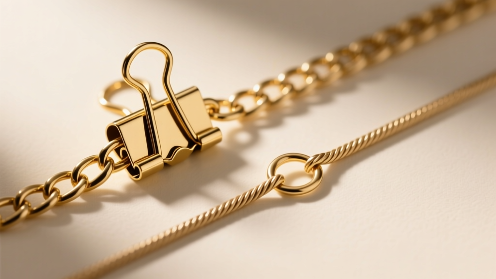 Close-up of 14k gold 3mm paperclip chain and 1.5mm cable chain, showing lobster clasp and jump ring details in soft warm lighting