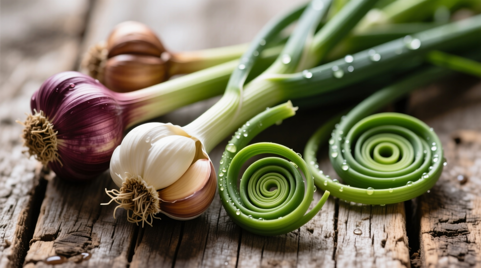 Hardneck garlic varieties with scapes on wooden surface