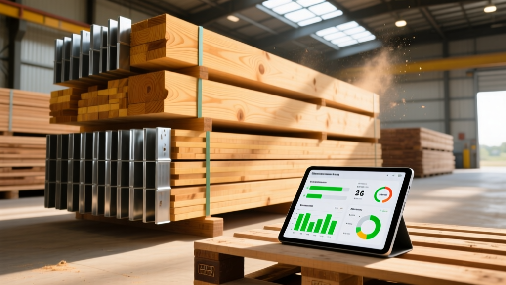 Stacks of domestic Southern Yellow Pine lumber and recycled steel studs in a warehouse, with a tablet showing supply metrics