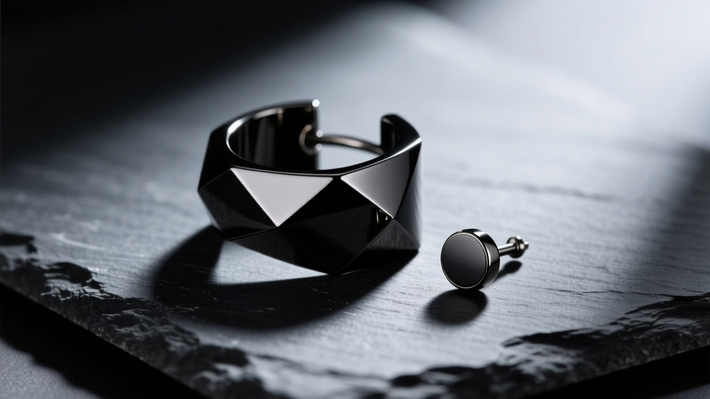 Macro photography of a matte black niobium asymmetrical ear cuff and stud set, resting on dark slate with dramatic directional lighting.