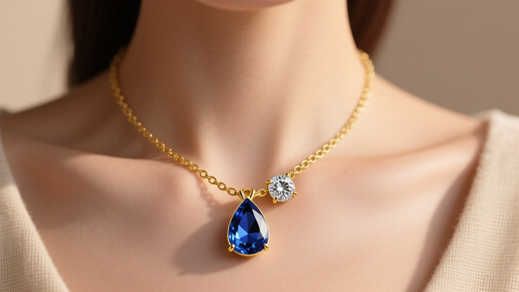 14k yellow gold Toi et Moi necklace with a pear sapphire and rustic diamond resting on a collarbone in soft, warm natural light.
