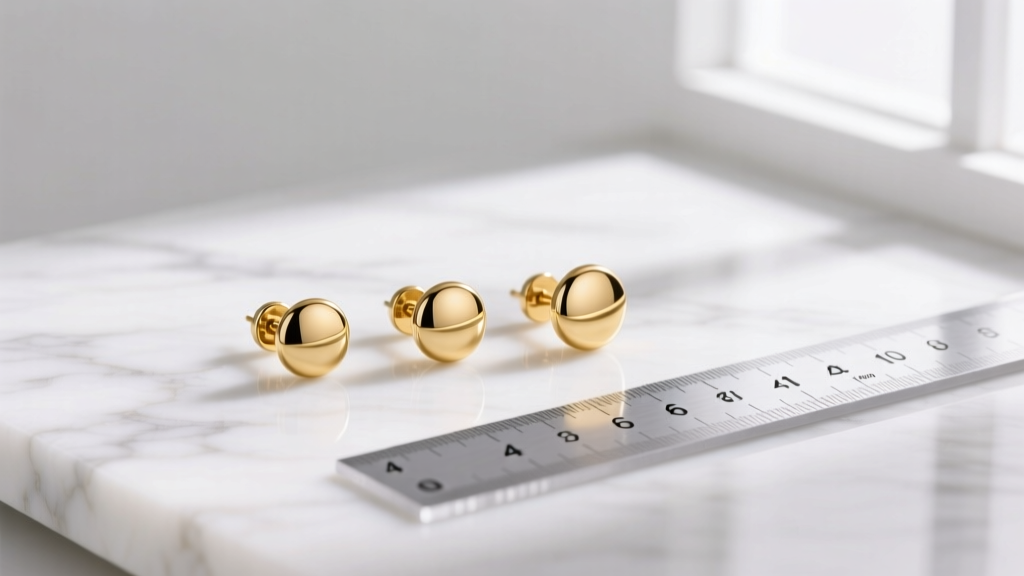 Three pairs of solid gold button earrings in 4mm, 6mm, and 8mm sizes on white marble with a millimeter ruler beside them.