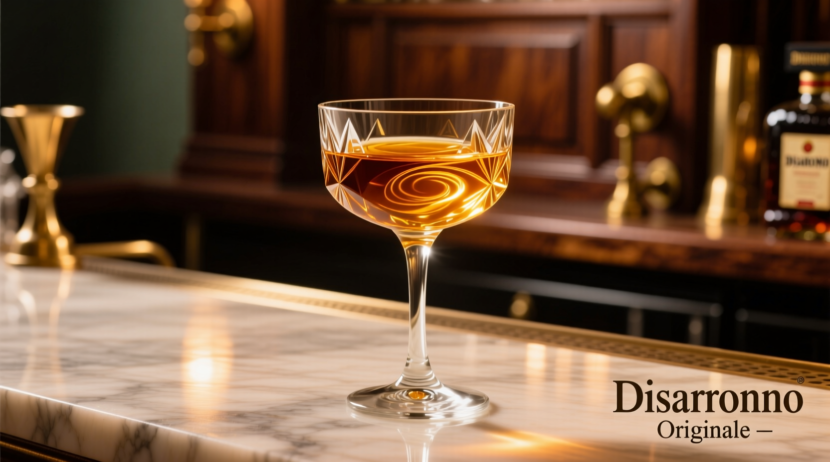 Amber-colored Disaronno liqueur in a crystal glass