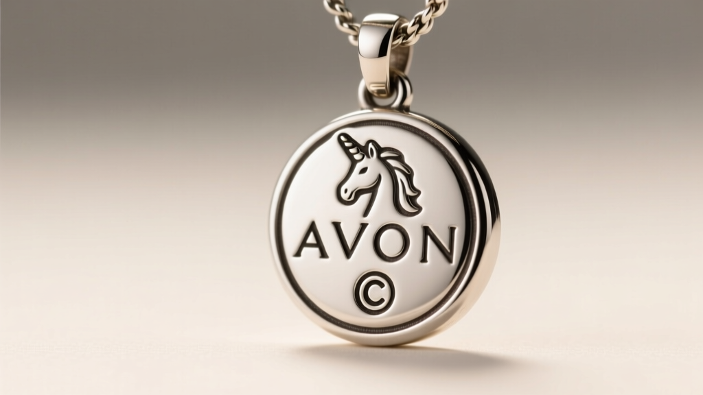 Close-up of the hallmark stamped on an Avon unicorn pendant, showing the AVON text and copyright symbol under bright lighting