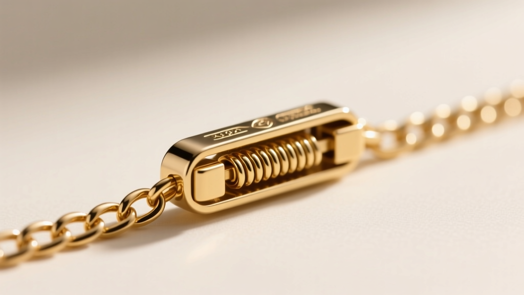 Macro shot of a metal spring-ring slider moving along a 1.2mm gold vermeil box chain, highlighting the internal tension mechanism.