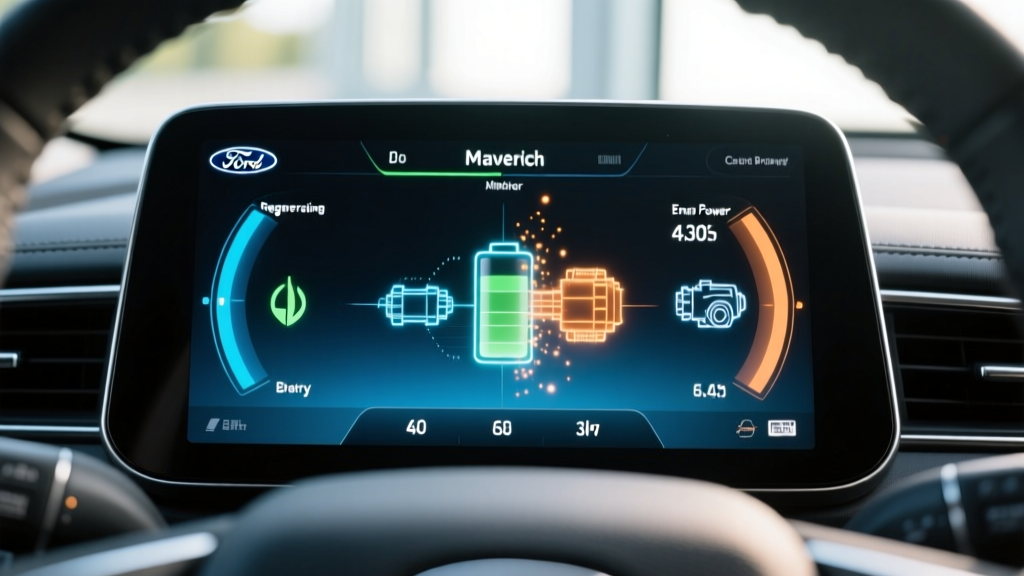 Close up of the Ford Maverick Hybrid digital instrument cluster displaying the energy flow monitor and real-time fuel economy metrics