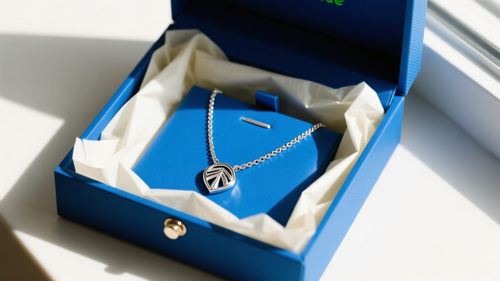 Overhead view of a customized blue Dollar Tree jewelry box lined with acid-free tissue holding a polished silver necklace