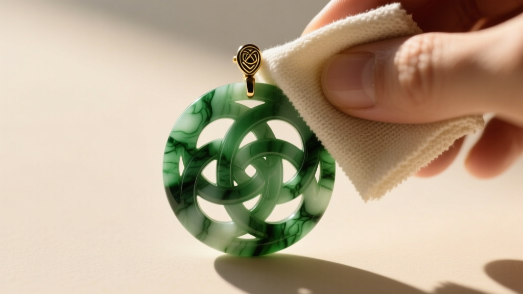Macro shot of a green Connemara marble Celtic pendant being gently wiped with a dry microfiber cloth under warm, natural lighting.