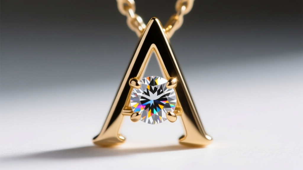Extreme macro view of a V-prong setting securing a diamond on the sharp top corner of a gold letter A pendant, sharp focus.