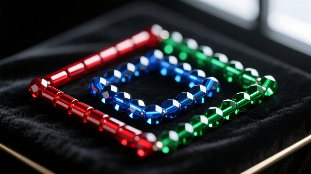 Close-up of size 11/0 cylinder seed beads and round rocaille beads on a dark velvet jeweler's tray measured with brass calipers