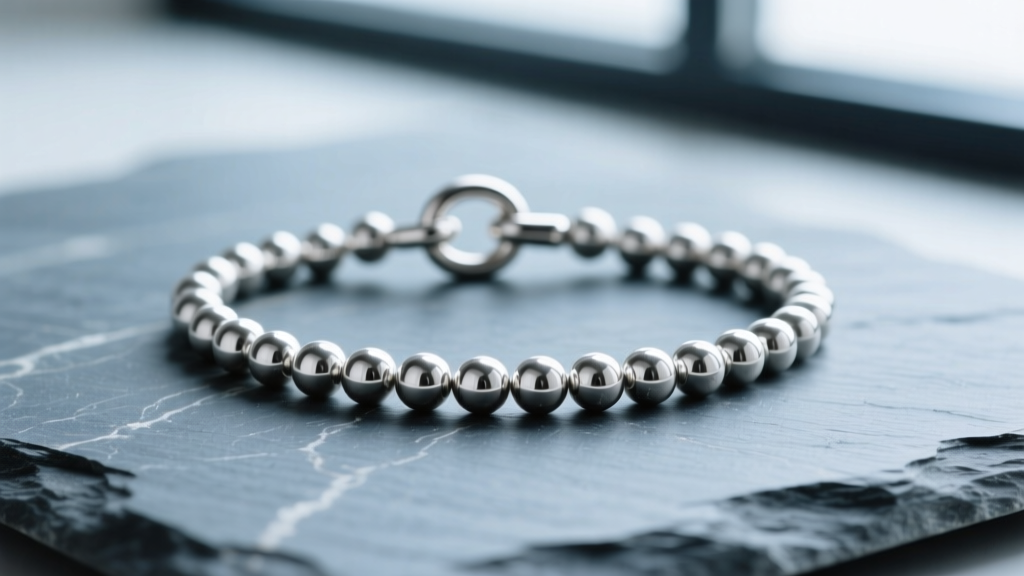 Macro shot of 2.3mm sterling silver beaded ball chain on slate, displaying smooth spherical links and a secure metal barrel clasp.