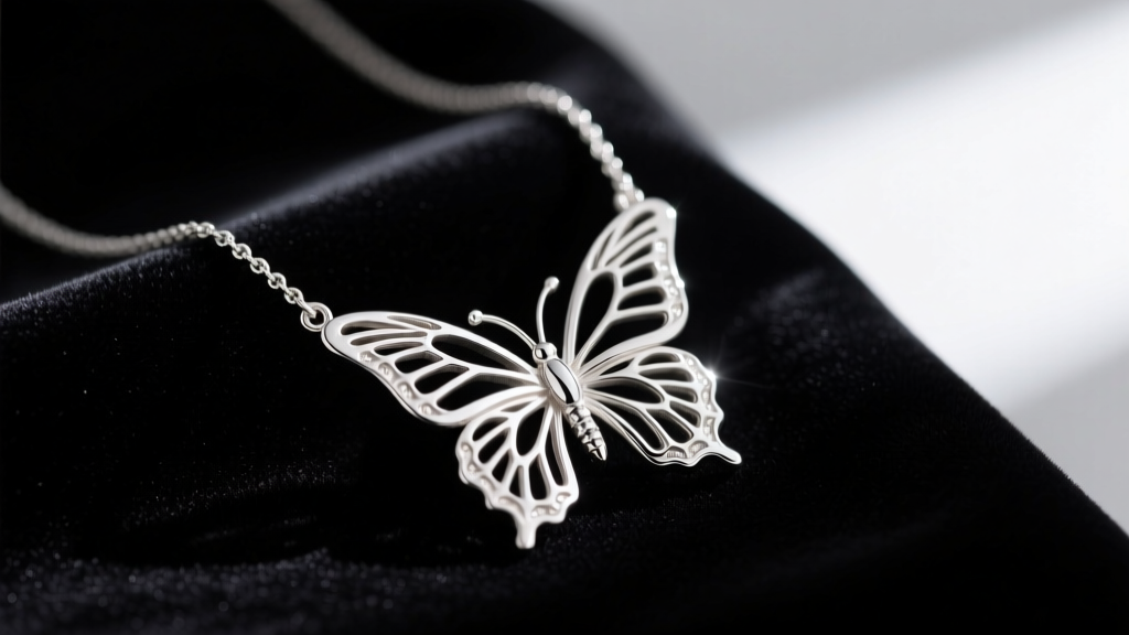 Close-up of a polished sterling silver butterfly urn necklace resting on dark velvet, soft lighting highlighting engraved wings.