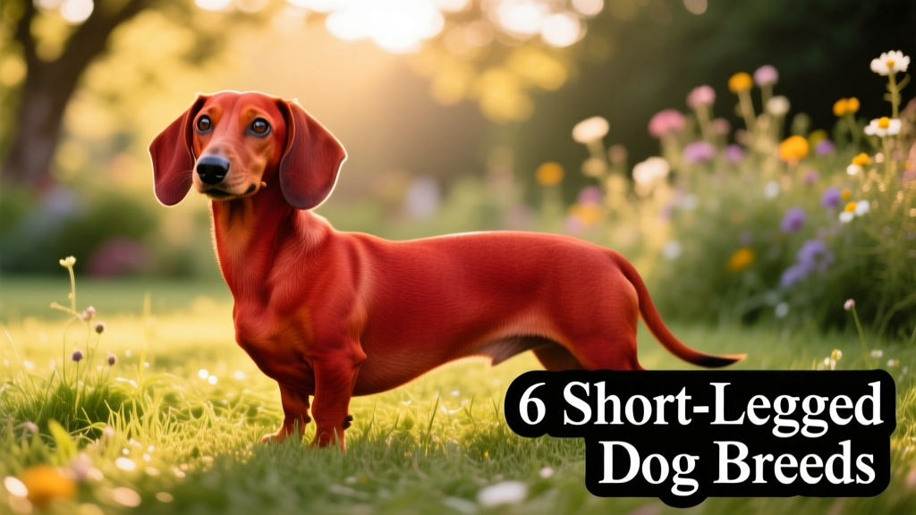 A smooth-coated red Dachshund standing alert on grass, showcasing its long body and short legs
