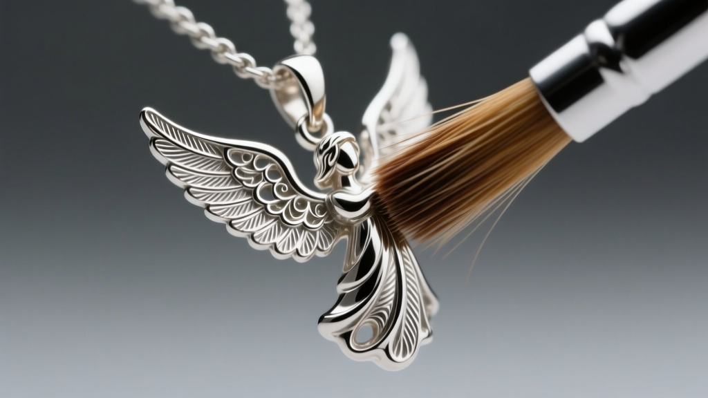 Horsehair brush cleaning delicate feather grooves of an Argentium silver angel pendant under warm, focused studio lighting.