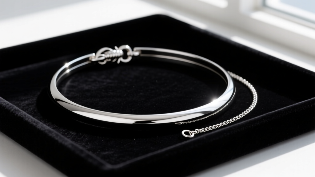 Close-up of a 16-inch sterling silver choker necklace with a 2mm lobster clasp and 2-inch extender chain on a dark velvet tray.