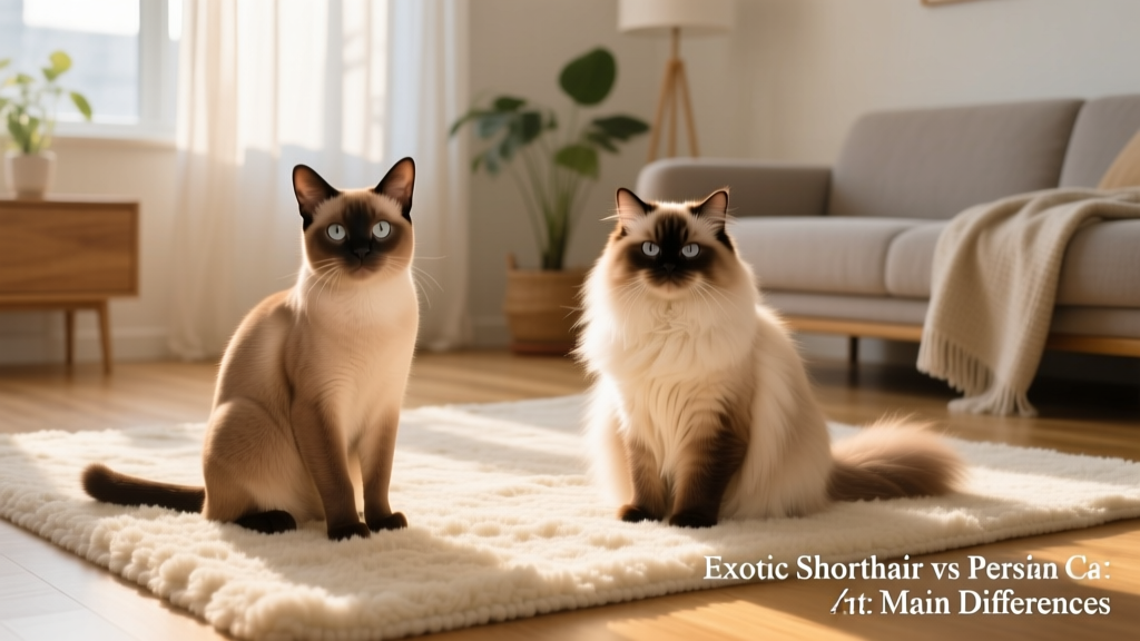Side-by-side comparison showing an Exotic Shorthair (short, plush coat) and a Persian (long, flowing fur) sitting calmly on a soft rug
