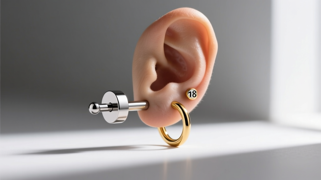 Side profile of a minimalist ear stack with 16-gauge titanium flat-back labrets and a single 18-gauge solid gold seamless hoop.