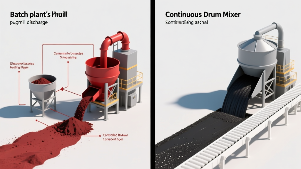 Side-by-side schematic comparing batch plant pugmill discharge and continuous drum mixer asphalt flow paths