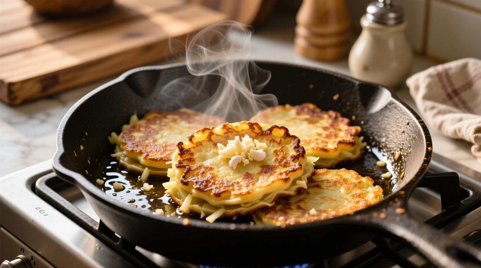 Golden brown potato cakes sizzling in skillet