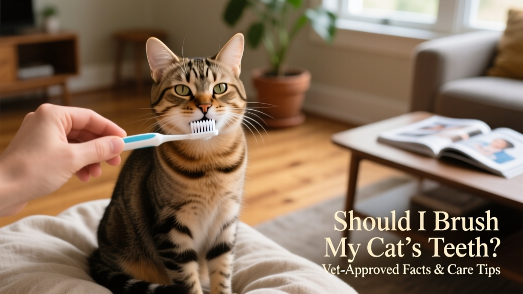 Hand holding a small cat toothbrush gently brushing the front teeth of a relaxed, seated cat