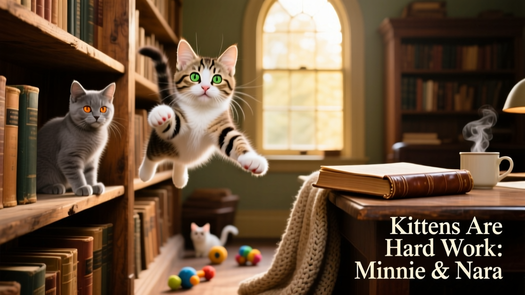 Minnie playing energetically among wooden shelves, paws stretched out mid-leap