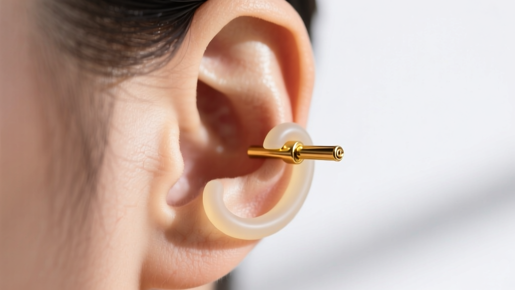 Side profile of an earlobe showing a secure silicone O-ring earring back gripping a 20-gauge gold post tightly against the skin.