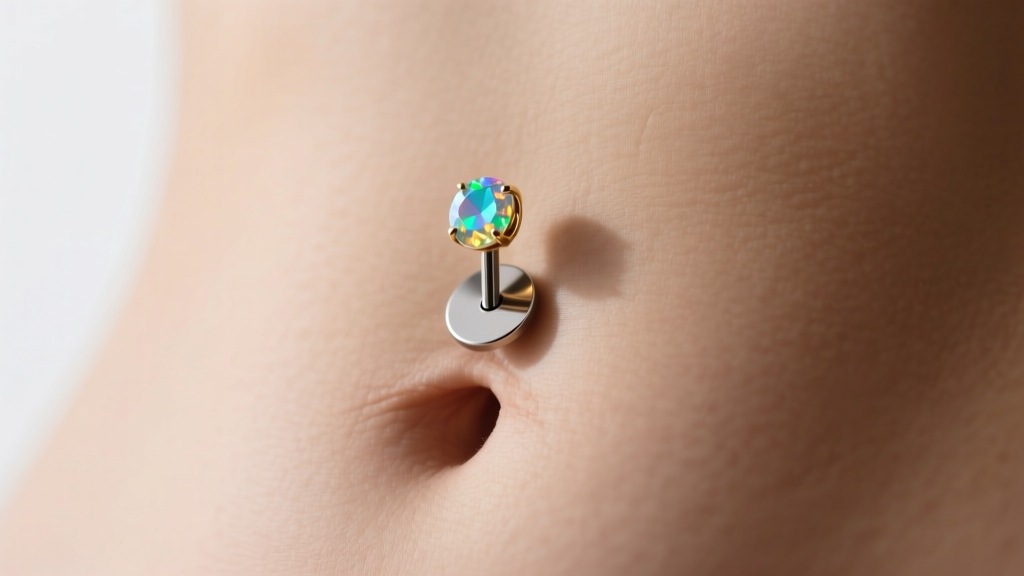 Midsection showing a healed navel wearing a floating belly barbell with a flat titanium bottom disc and a sparkling opal gemstone