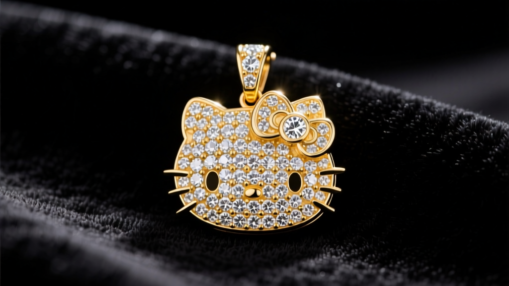 Macro shot of an 18k gold Hello Kitty pendant paved with brilliant melee diamonds, resting on dark velvet under soft studio lighting.