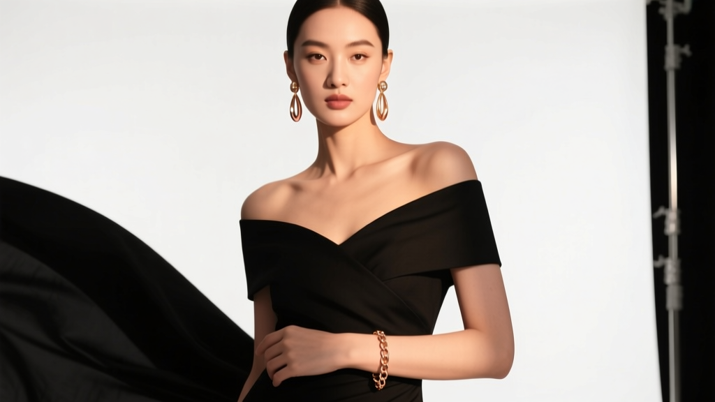 Model in off-shoulder black dress wearing 14k rose gold drop earrings and delicate chain bracelet under soft, warm studio lighting.