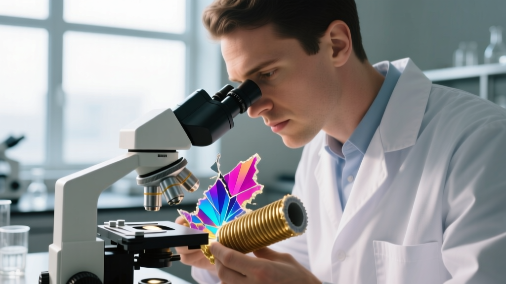 Close-up of a laboratory technician examining a fragmented piece of corrugated pipe insulation under a polarized light microscope