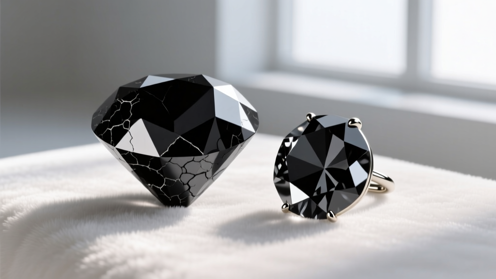 Close-up of a porous carbonado black diamond and a reflective faceted black spinel earring stone resting on a white velvet surface.