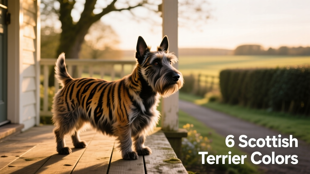 A brindle Scottish Terrier standing on a wooden porch, showing clear tiger-like striping across its shoulders and back