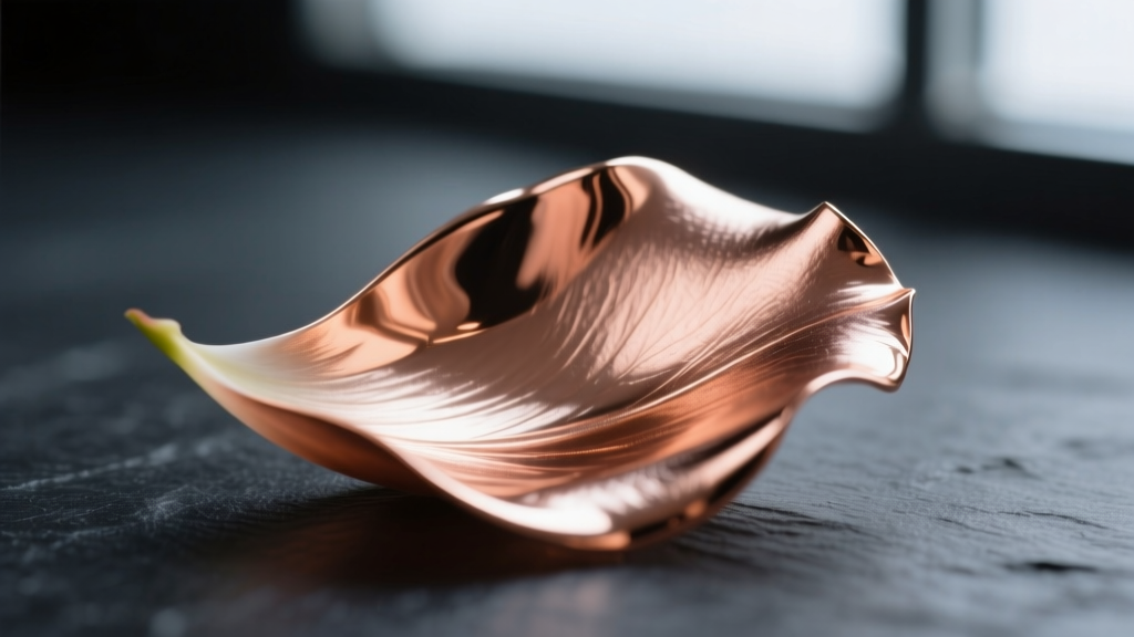 Macro photography of a rose gold flower petal edge showing seamless casting and high-polish finish against a dark slate background