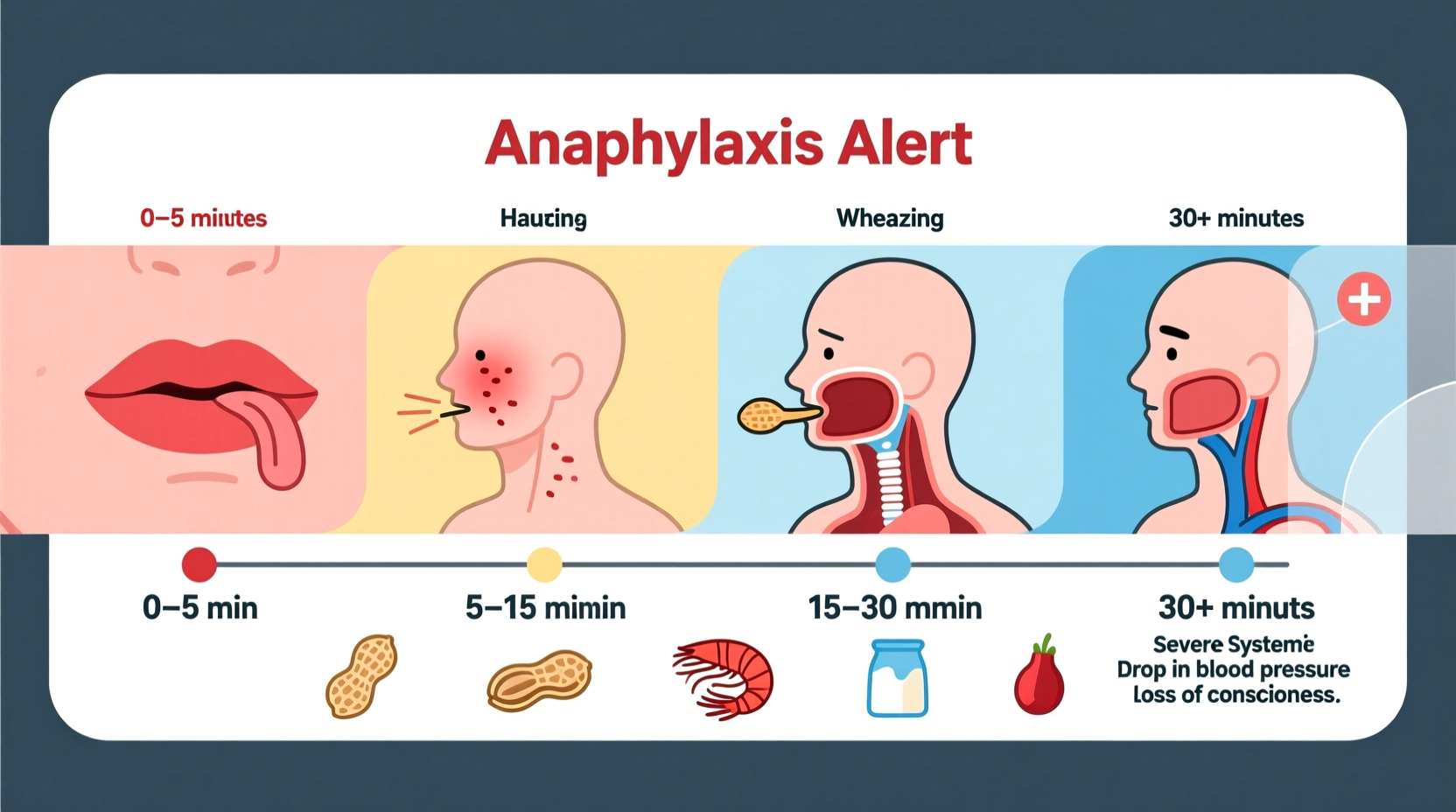 Food allergy reaction timeline showing symptom progression