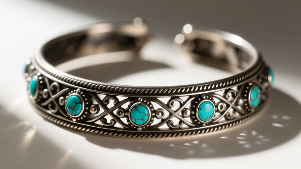 Macro shot of an oxidized sterling silver Indian choker with darkened crevices and turquoise accents, lit by directional sunlight.