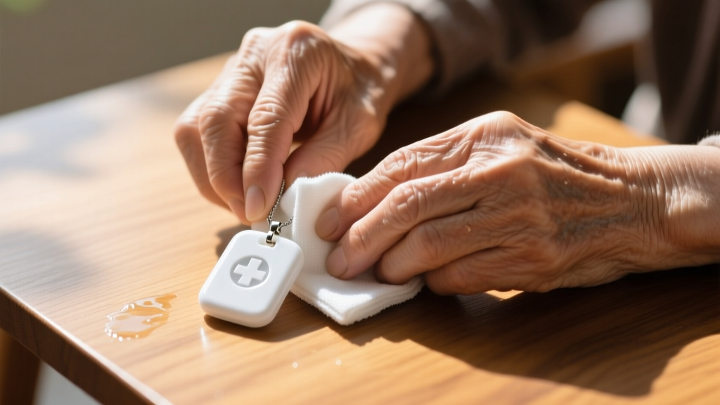 Elderly hands gently wiping a white polycarbonate medical alert pendant with a damp microfiber cloth on a sunlit wooden table