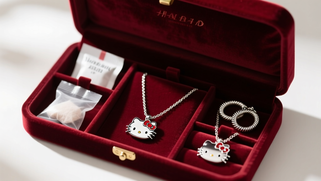 Open velvet jewelry box with anti-tarnish pouches, silica packets, and coiled silver Hello Kitty necklaces, top-down macro view.