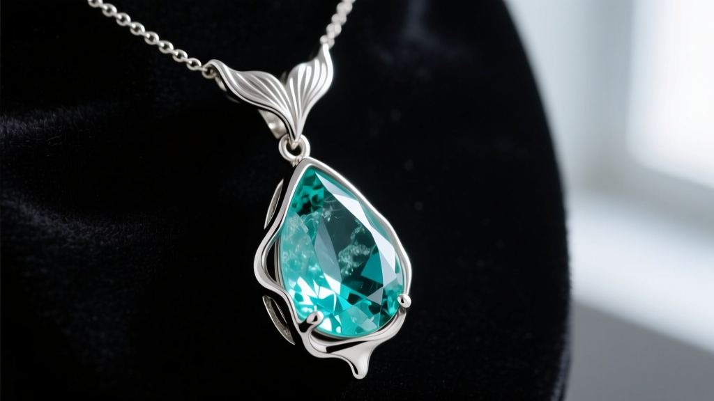 Close-up of a splash mermaid necklace with a melted silver water-drop pendant encasing a raw aquamarine crystal, on dark velvet