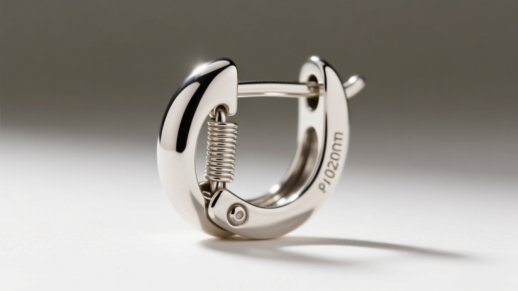 Macro shot of an 18-gauge sterling silver leverback clasp, showing the secure locking hinge mechanism and precise wire thickness.