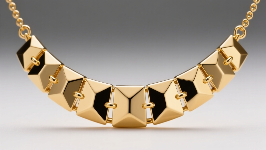 Macro shot of 9ct gold plates in a Cleopatra bib necklace, showing tiny jump rings connecting the rigid geometric metal segments.