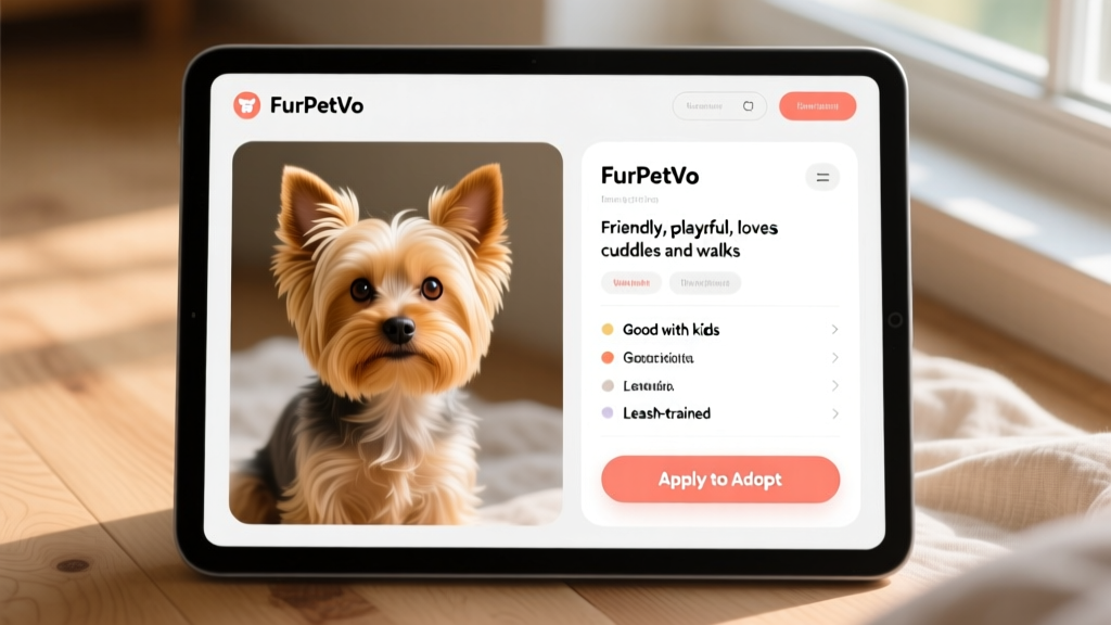 Screenshot-style image showing a clean, user-friendly FurPetVo profile page for a Yorkie, with photos, bio section, and 'Apply to Adopt' button