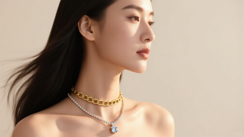 Side profile of a woman wearing a 16-inch gold choker and 18-inch princess chain with a diamond pendant under soft lighting.