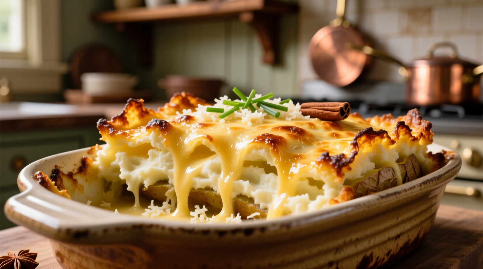 Golden baked potato romanoff casserole with crispy edges