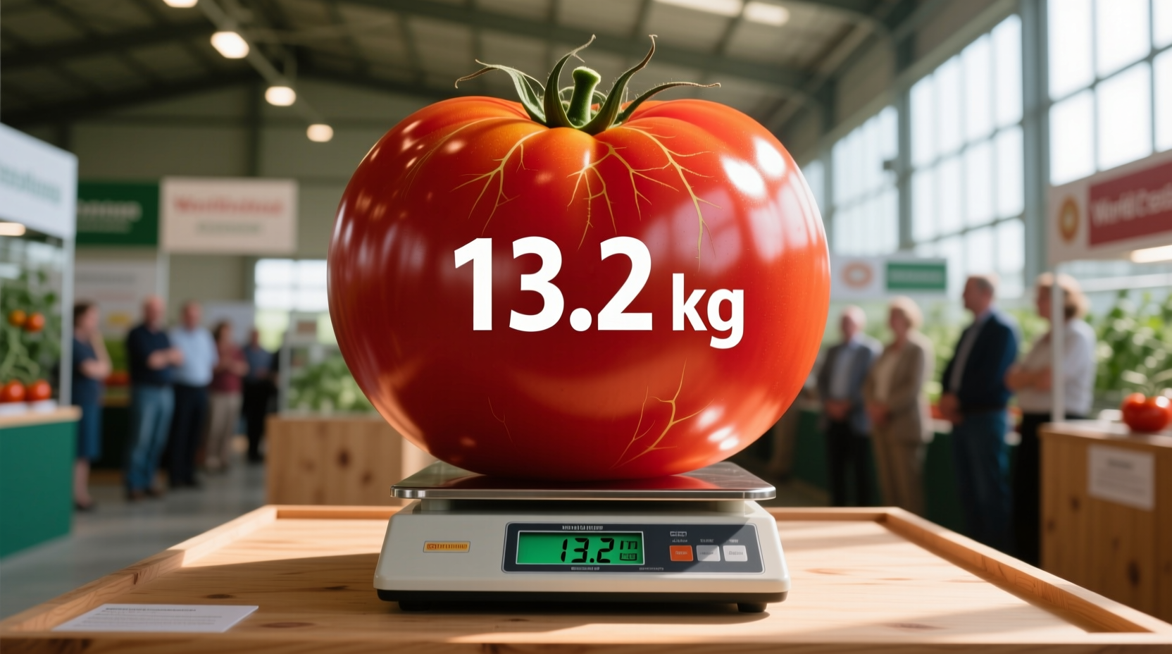World record giant tomato on scale showing weight measurement