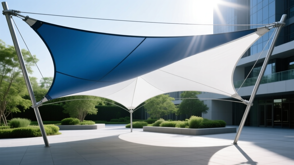 PVC-coated nylon architectural membrane tensioned over a steel cable framework for a modern outdoor canopy structure