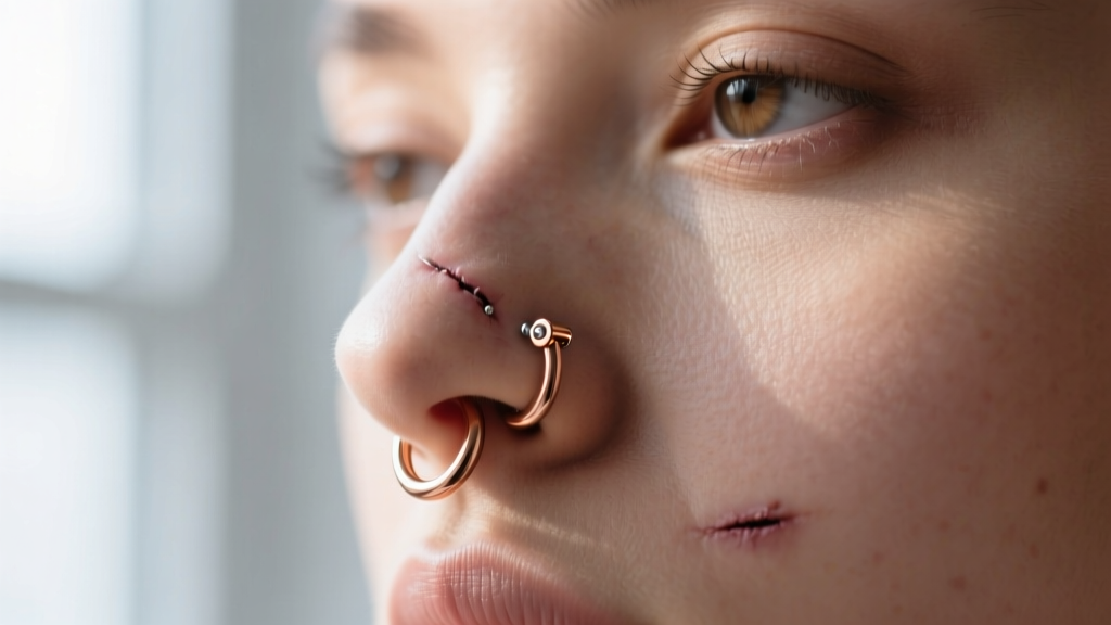 Front view of a healed septum piercing featuring a 16-gauge rose gold hoop with a secure, flush-fitting clicker hinge mechanism.