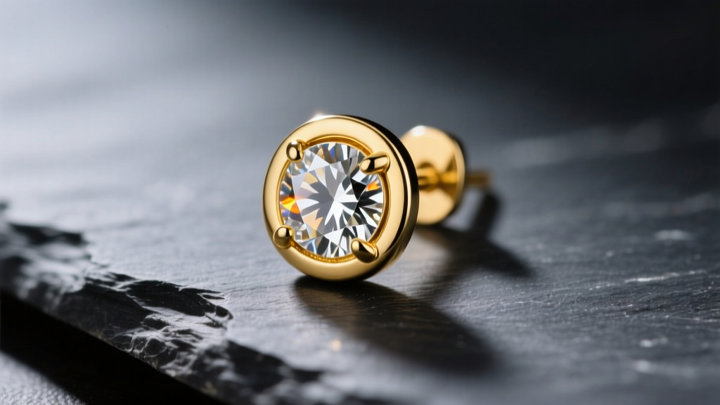 Polished 14k yellow gold flat back earring with a bezel-set diamond resting on dark slate under soft directional lighting.