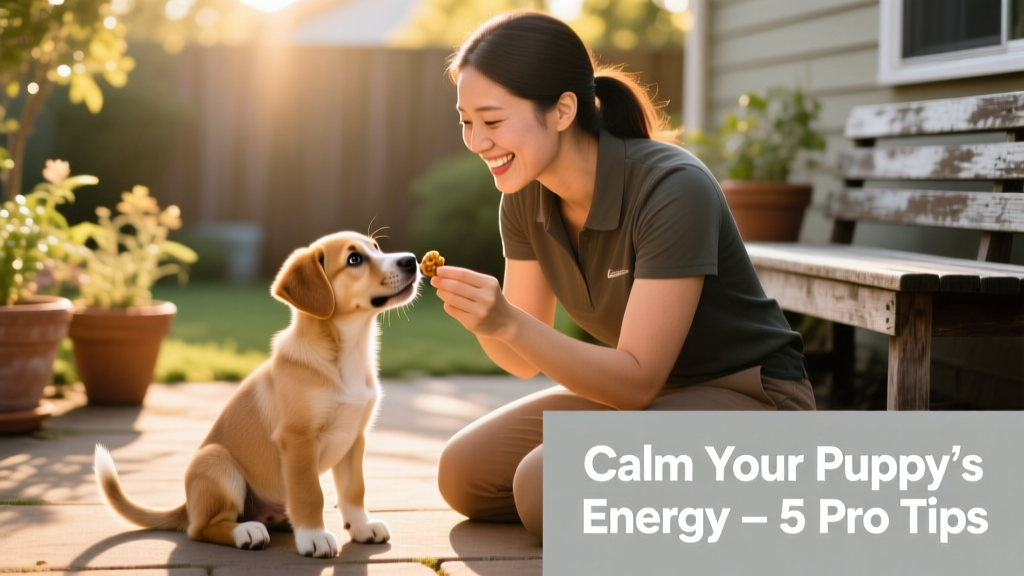 Trainer and owner smiling as a puppy sits attentively, focused on a treat held at nose level